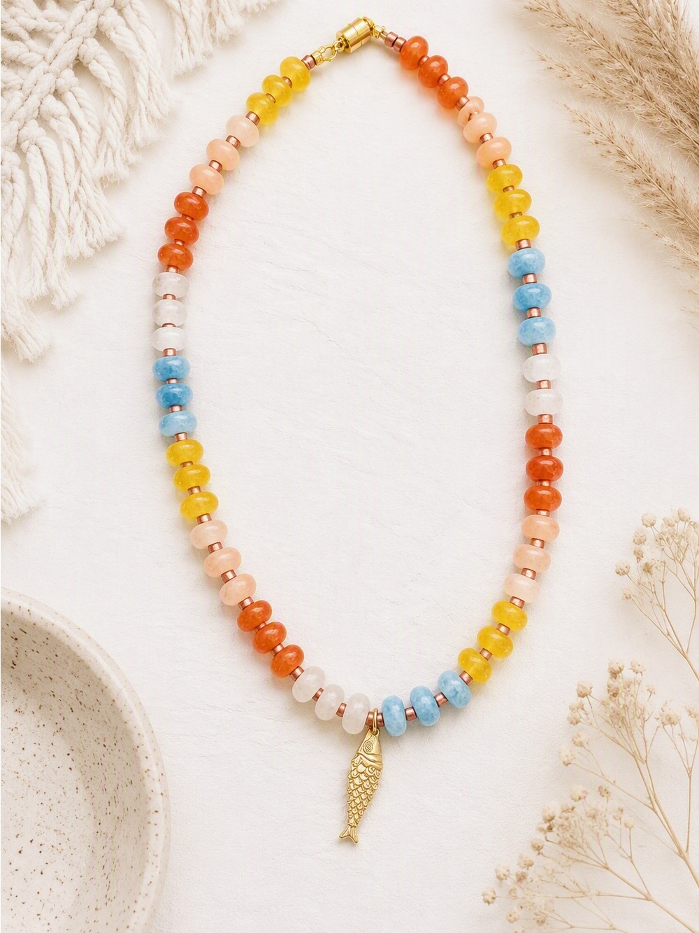 Colorful Stone Beaded Necklace 16" Magnetic Clasp Gold Fish Charm Boho Coastal
